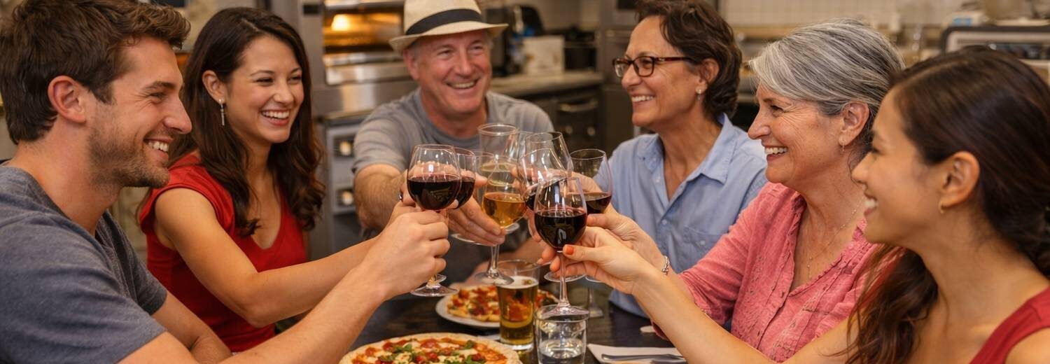 how to choose a cooking class in itlay, people earing pizza and drinking wine