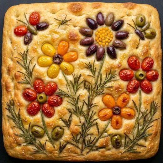 Italian focaccia bread decorated with olives, cherry tomatoes and rosmery flowers