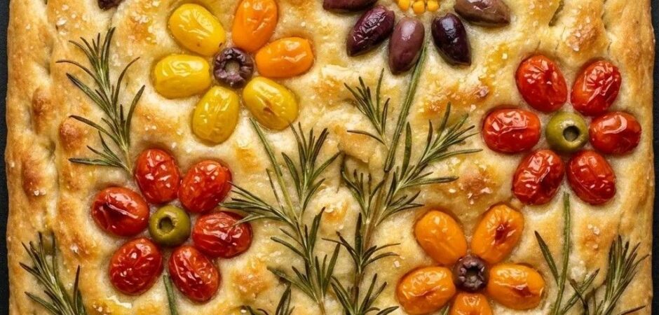 Italian focaccia bread decorated with olives, cherry tomatoes and rosmery flowers