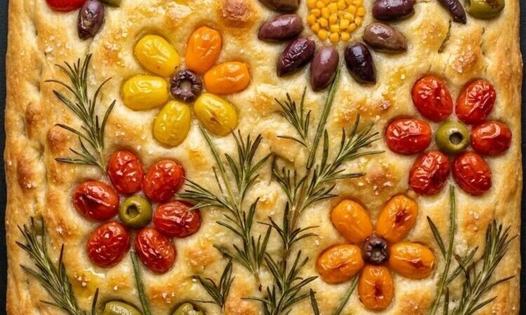 Italian focaccia bread decorated with olives, cherry tomatoes and rosmery flowers