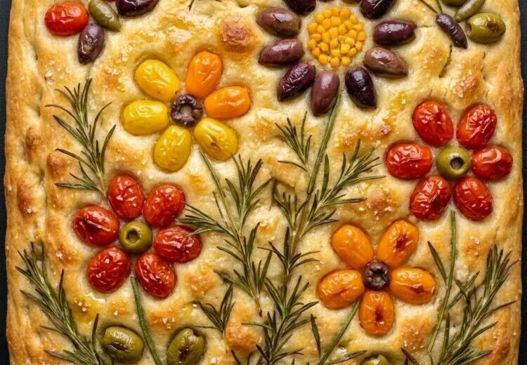 Italian focaccia bread decorated with olives, cherry tomatoes and rosmery flowers