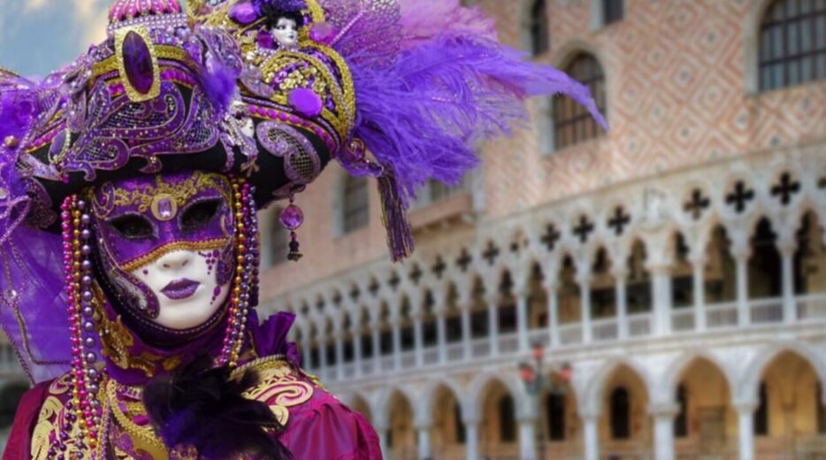 Venetian Carnival masks and costumed figures in Venice during Carnevale, Italy, celebrating tradition and festivity.