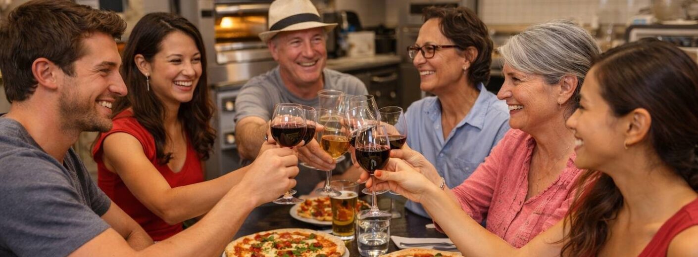 how to choose a cooking class in itlay, people earing pizza and drinking wine