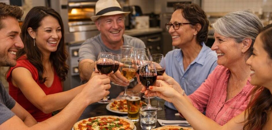 how to choose a cooking class in itlay, people earing pizza and drinking wine