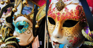 Hand-painted Venetian Carnival mask displayed in a local artisan workshop in Venice