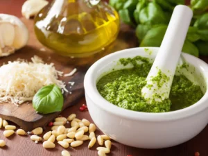 pesto alla genovese prapared with fresh basil local olive oil using mortar