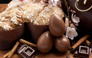 traditional italian easter bread and chocolate eggs
