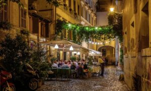 typical tuscan restaouran, narrow street and tusan food and wine