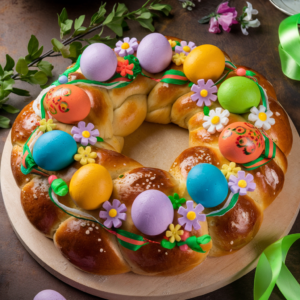 Italian Easter bread wreath with colorful eggs